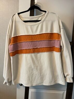Women's Cream Pullover Top with Pink and Orange Stripes